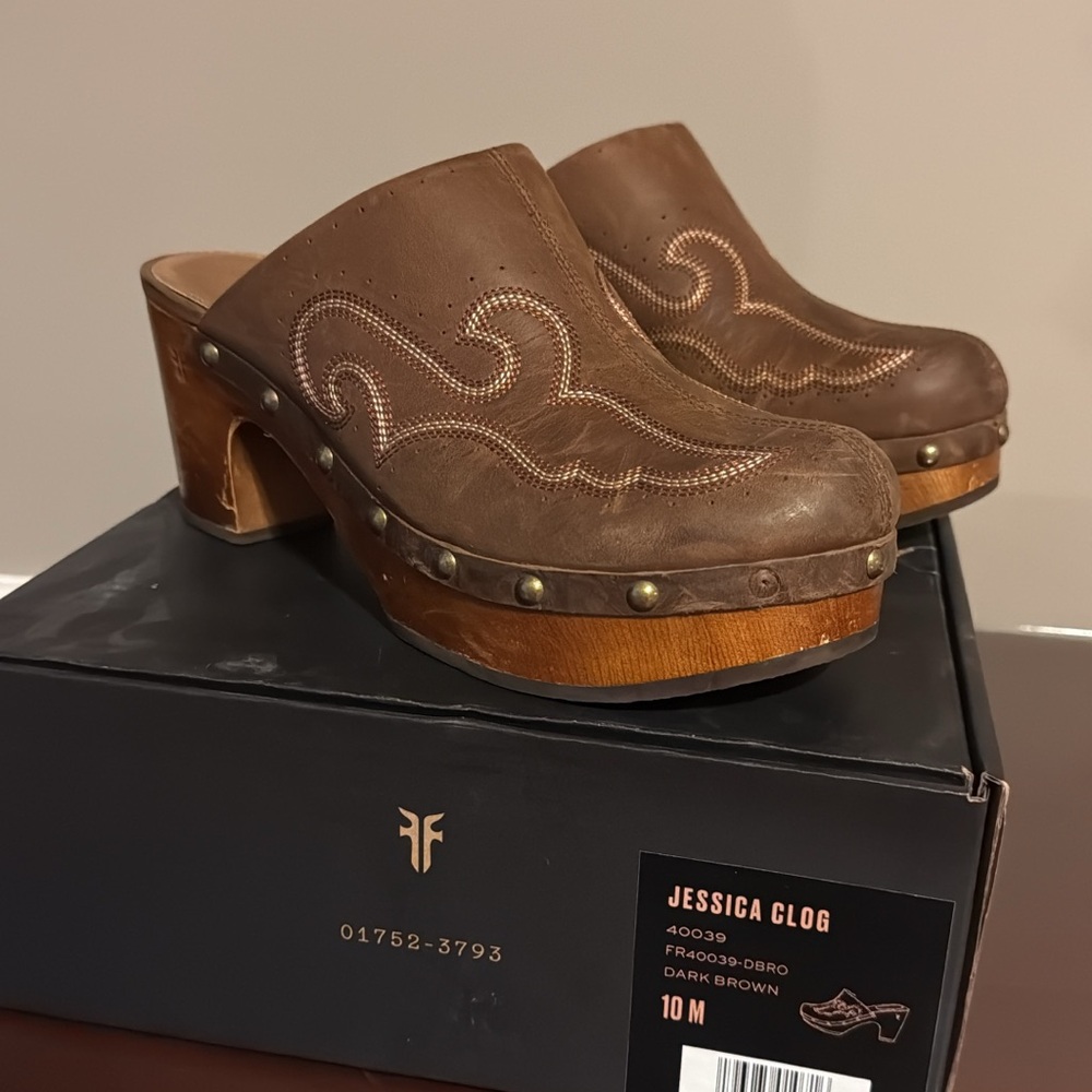 Frye Dark Brown Jessica Clog with Wooden Heel